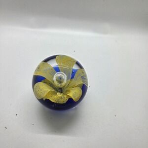 Pretty Hand Blown Art Glass Paperweight Yellow Flower with Cobalt Blue Base
